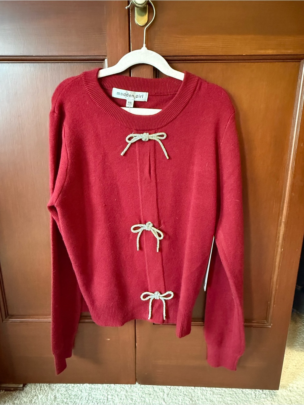 Madden Girl Red Crewneck Sweater with Bow-Tie Accents